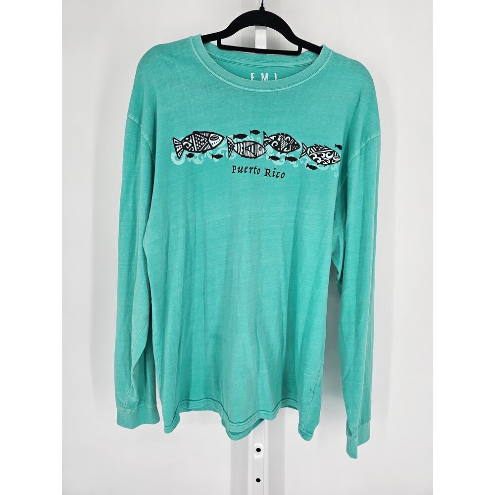 EMI Sportswear Women Sz L Long Sleeve T Shirt Bright Blue Puerto Rico Fish Print